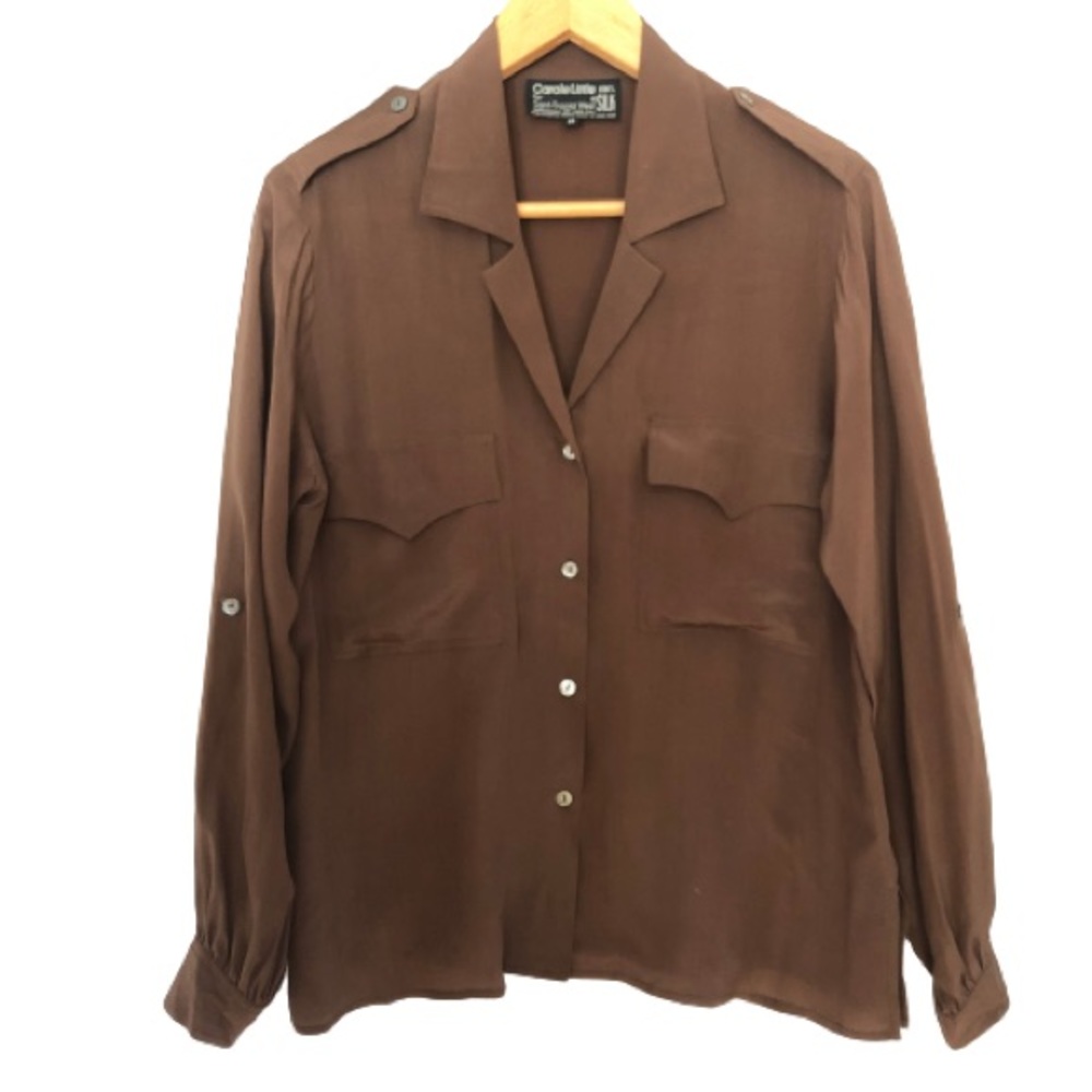 Vintage 100% Silk Button Up Safari Blouse Front Pockets Carole Little St Tropez